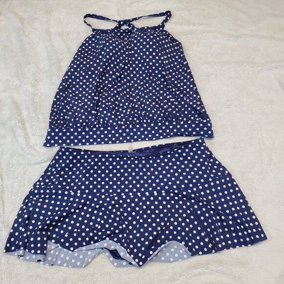Lands End Blue White Polka Dot 2 Piece Swimsuit Blouson Tankini Bottom 16 18W - Picture 1 of 11